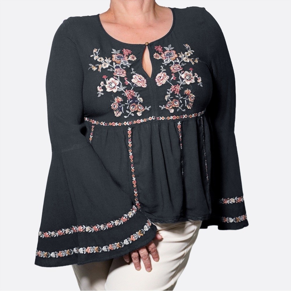 American Eagle Boho Embroidered‎ Bell Sleeve Peplum Tunic 0X L Cottagecore